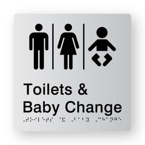Airlock - Toilets & Shower braille Sign in Tactile Printed Silver Acrylic. Silver Sign panel with Black Male, Airlock, Female & baby Symbols. Black text reads Toilets & Baby Change. Black Braille Text is shown