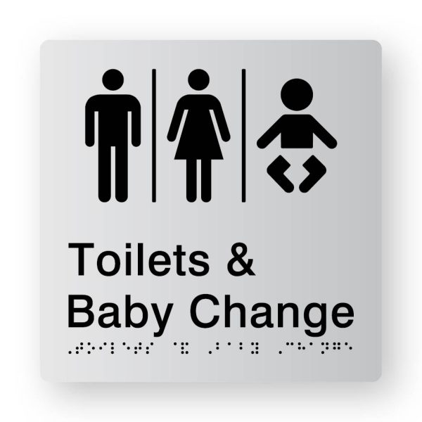 Airlock - Toilets & Shower braille Sign in Tactile Printed Silver Acrylic Airlock - Toilets & Shower braille Sign in Tactile Printed Silver Acrylic. Silver Sign panel with Black Male, Airlock, Female & baby Symbols. Black text reads Toilets & Baby Change. Black Braille Text is shown