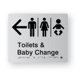Airlock - Toilets & Shower braille Sign with Left Arrow in Tactile Printed Silver Acrylic. Silver Sign panel with Black Left Arrow, Male, Airlock, Female & baby Symbols. Black text reads Toilets & Baby Change. Black Braille Text is shown