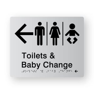 Airlock - Toilets & Shower braille Sign with Left Arrow in Tactile Printed Silver Acrylic. Silver Sign panel with Black Left Arrow, Male, Airlock, Female & baby Symbols. Black text reads Toilets & Baby Change. Black Braille Text is shown