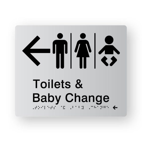 Airlock - Toilets & Shower braille Sign with Left Arrow in Tactile Printed Silver Acrylic Airlock - Toilets & Shower braille Sign with Left Arrow in Tactile Printed Silver Acrylic. Silver Sign panel with Black Left Arrow, Male, Airlock, Female & baby Symbols. Black text reads Toilets & Baby Change. Black Braille Text is shown