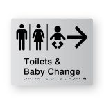 Airlock - Toilets & Shower braille Sign with Right Arrow in Tactile Printed Silver Acrylic. Silver Sign panel with Black Right Arrow, Male, Airlock, Female & baby Symbols. Black text reads Toilets & Baby Change. Black Braille Text is shown