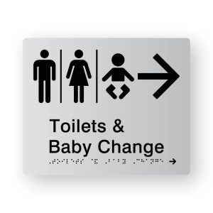 Airlock - Toilets & Shower braille Sign with Right Arrow in Tactile Printed Silver Acrylic. Silver Sign panel with Black Right Arrow, Male, Airlock, Female & baby Symbols. Black text reads Toilets & Baby Change. Black Braille Text is shown