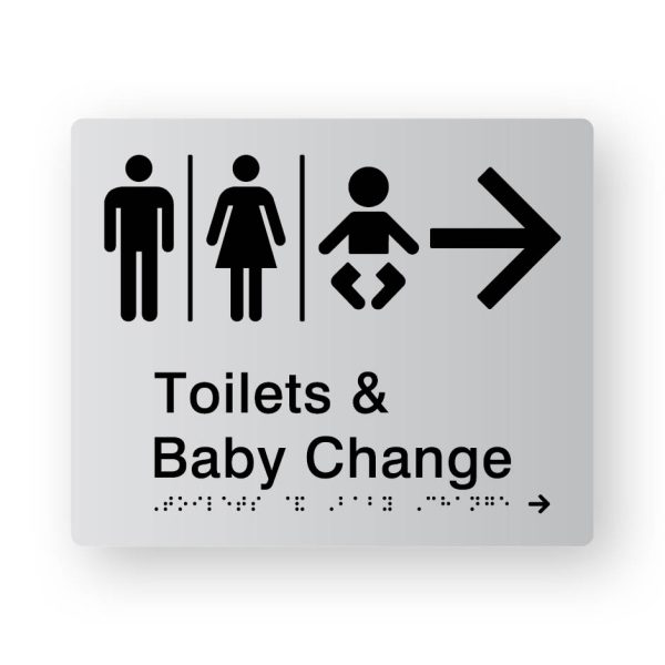 Airlock - Toilets & Shower braille Sign with Right Arrow in Tactile Printed Silver Acrylic Airlock - Toilets & Shower braille Sign with Right Arrow in Tactile Printed Silver Acrylic. Silver Sign panel with Black Right Arrow, Male, Airlock, Female & baby Symbols. Black text reads Toilets & Baby Change. Black Braille Text is shown