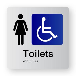 Airlock Female Accessible Toilets Braille Sign in Tactile Printed Silver Acrylic. Silver Sign Panel with Black Female Symbol & Blue & White Accessible Symbol, & Text that reads Toilets. Black Braille text is shown