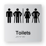 Airlock - Toilets braille Sign in Tactile Printed Silver Acrylic. Silver Sign panel with Black Male, Male Ambulant, Airlock, Female & Female Ambulant Symbols. Black text reads Toilets. Black Braille Text is shown