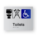 Airlock - Toilets Braille Sign in Tactile Printed Silver Acrylic. Silver Sign panel with Black Toilet, Airlock, Crutches Symbol, & Blue & White accessible Symbol. Black Text reads Toilets. Black Braille text is shown