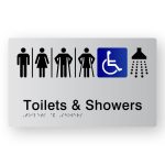 Airlock Toilets & Shower Braille Sign, Tactile printed in Silver Acrylic. Silver Sign panel with Black Male, Airlock, Female, Male Ambulant, Female Ambulant & Shower Symbols. Blue & White Accessible Symbol. Black Text reads Toilets & Shower. Black Braille text is shown.