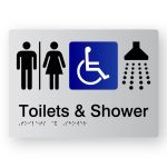 Airlock Toilets & Shower Braille Sign, Tactile printed in Silver Acrylic. Silver Sign panel with Black Male, Airlock & Shower Symbol. Blue & White Accessible Symbol. Black Text reads Toilets & Shower. Black Braille text is shown.