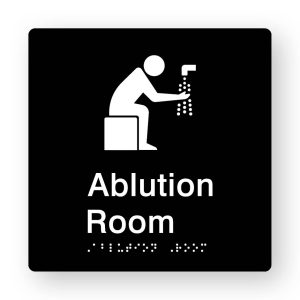 Ablution Room Braille Sign in Tactile Printed Black Acrylic. Black Sign panel with a black washing Symbol. White text reads Ablution Room. White Braille Text is shown