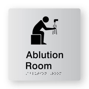 Ablution Room Braille Sign in Tactile Printed Silver Acrylic. Silver Sign panel with a Black Washing Symbol. Black text reads Ablution Room. Black Braille Text is shown