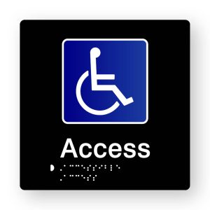 Accessible Access Braille Sign, Tactile printed in Black Acrylic. Black Sign panel with Blue & White Accessible Symbol. White Text reads Access. White Braille text is shown.