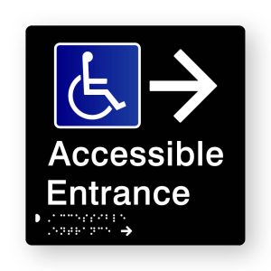 Accessible Access with Right Arrow Braille Sign (Version 2), Tactile printed in Black Acrylic. Black Sign panel with Blue & White Accessible Symbol & right Pointing Arrow. White Text reads Accessible Access. White Braille text is shown.