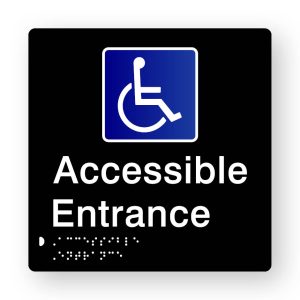 Accessible Access Braille Sign (Version 2), Tactile printed in Black Acrylic. Black Sign panel with Blue & White Accessible Symbol. White Text reads Accessible Access. White Braille text is shown.