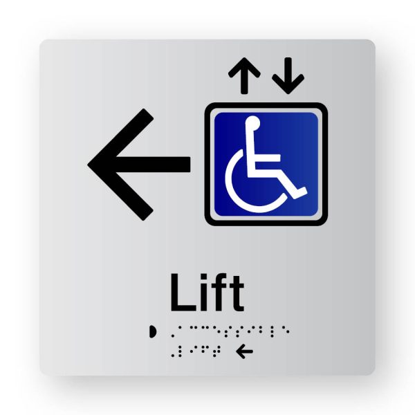 Accessible Lift Braille Sign with Left Arrow in Tactile Printed Silver Acrylic Accessible Lift Braille Sign with Left Arrow in Tactile Printed Silver Acrylic. Silver Sign Panel with Black Left Pointing Arrow, Blue & White Accessible & Black lift symbols. Text reads Lift. Black Braille Text is shown