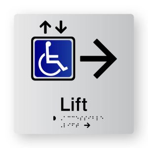 Accessible Lift Braille Sign with right Arrow in Tactile Printed Silver Acrylic. Silver Sign Panel with Black Right Pointing Arrow, Blue & White Accessible & Black lift symbols. Text reads Lift. Black Braille Text is shown