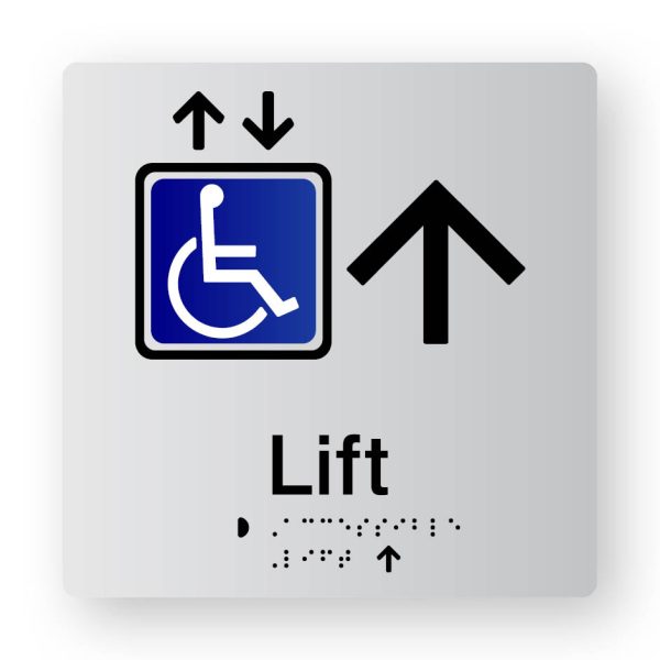 Accessible Lift Braille Sign with Up Arrow in Tactile Printed Silver Acrylic Accessible Lift Braille Sign with Up Arrow in Tactile Printed Silver Acrylic. Silver Sign Panel with Black Up Pointing Arrow, Blue & White Accessible & Black lift symbols. Text reads Lift. Black Braille Text is shown