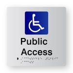 Accessible Public Access Braille Sign, Tactile printed in Silver Acrylic. Silver Sign panel with Blue & White Accessible Symbol. Black Text reads Public Access. Black Braille text is shown.