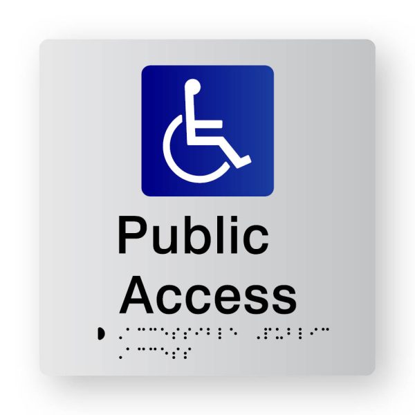 Accessible Public Access Braille Sign, Tactile printed in Silver Acrylic Accessible Public Access Braille Sign, Tactile printed in Silver Acrylic. Silver Sign panel with Blue & White Accessible Symbol. Black Text reads Public Access. Black Braille text is shown.