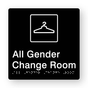 All Gender Change Room Braille Sign in Tactile Printed Black Acrylic. Black Sign panel with a white Coat Hanger Symbol. White text reads All Gender Change Room. White Braille Text is shown