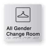 All Gender Change room Braille Sign in Tactile Printed Silver Acrylic. Silver Sign panel with Black Change Room Symbol. Black text reads All Gender Change Room, Black Braille text is shown