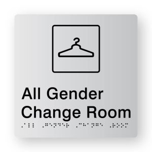 All Gender Change room Braille Sign in Tactile Printed Silver Acrylic. Silver Sign panel with Black Change Room Symbol. Black text reads All Gender Change Room, Black Braille text is shown