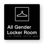 All Gender Locker Room Braille Sign in Tactile Printed Black Acrylic. Black Sign panel with a white Coat Hanger Symbol. White text reads All Gender Locker Room. White Braille Text is shown