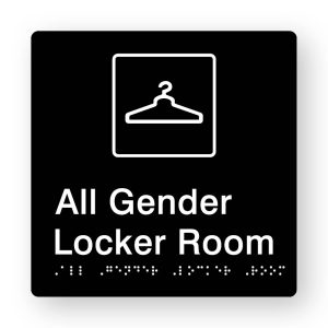 All Gender Locker Room Braille Sign in Tactile Printed Black Acrylic. Black Sign panel with a white Coat Hanger Symbol. White text reads All Gender Locker Room. White Braille Text is shown