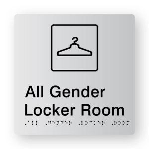 All Gender Locker room Braille Sign in Tactile Printed Silver Acrylic. Silver Sign panel with Black Change Room Symbol. Black text reads All Gender Locker Room, Black Braille text is shown