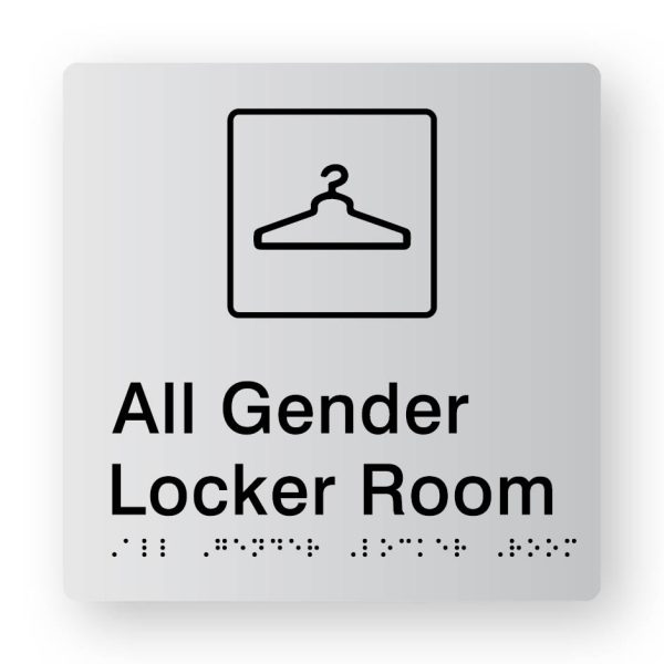 All Gender Locker room Braille Sign in Tactile Printed Silver Acrylic All Gender Locker room Braille Sign in Tactile Printed Silver Acrylic. Silver Sign panel with Black Change Room Symbol. Black text reads All Gender Locker Room, Black Braille text is shown