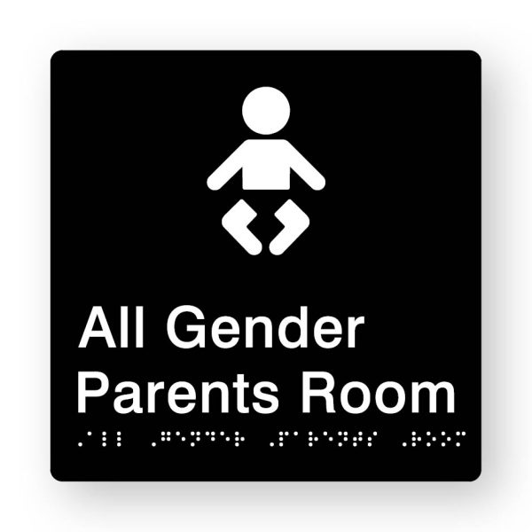 All Gender Parents Room Braille Sign in Tactile Printed Black Acrylic All Gender Parents Room Braille Sign in Tactile Printed Black Acrylic. Black Sign panel with a white Baby Symbol. White text reads All Gender Parents Room. White Braille Text is shown