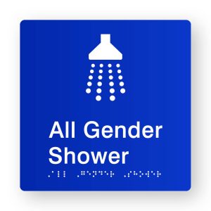 All Gender Shower Braille Sign in Tactile printed Acrylic. Blue Sign panel with White Shower Symbol & Text that reads All Gender Shower. White Braille Text is shown