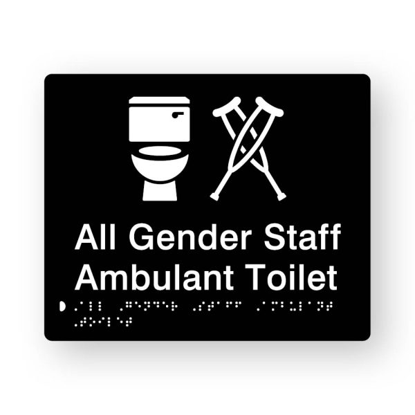 All Gender Staff Ambulant Toilet Braille Sign in Black Acrylic All Gender Staff Ambulant Toilet Braille Sign in Black Acrylic. Black Sign panel with White Toilet & Crutches Symbol. White text reads All Gender Staff Ambulant Toilet. White Braille text is shown