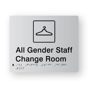 All Gender Staff Change Room Braille Sign in Tactile Printed Silver Acrylic. Silver Sign panel with Black Change Room Symbol. Black text reads All Gender Staff Change Room, Black Braille text is shown