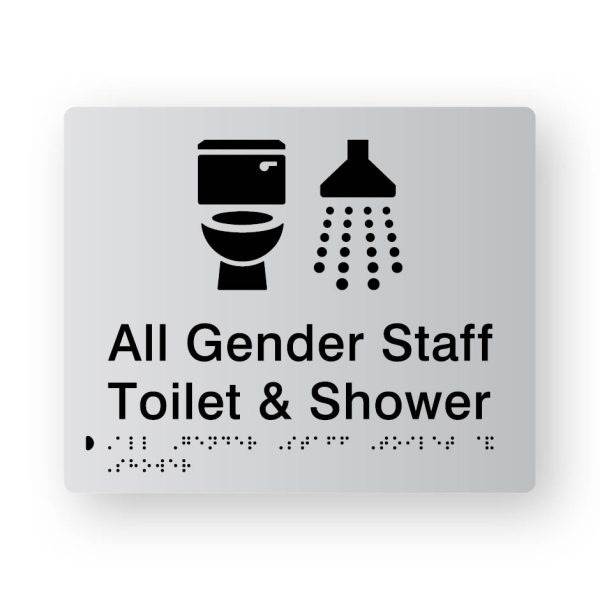 All Gender Staff Toilet & Shower Braille Sign in Tactile Printed Silver Acrylic All Gender Staff Toilet & Shower Braille Sign in Tactile Printed Silver Acrylic. Silver Sign panel with Black Toilet & Shower Symbol. Black text reads All Gender Staff Toilet & Shower, Black Braille text is shown