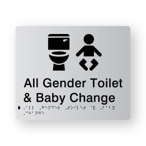 All Gender Toilet & baby Change Braille Sign in Tactile Printed Silver Acrylic. Silver Sign panel with Toilet & Baby Symbols. Black text reads All Gender Toilet & baby Change. Black Braille text is shown