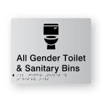 All Gender Toilet & Sanitary Bin Braille Sign in Tactile Printed Silver Acrylic. Silver Sign panel with Black Toilet Symbol. Black text reads All Gender Toilet & Sanitary Bin, Black Braille text is shown