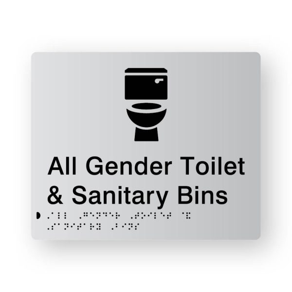 All Gender Toilet & Sanitary Bin Braille Sign in Tactile Printed Silver Acrylic. All Gender Toilet & Sanitary Bin Braille Sign in Tactile Printed Silver Acrylic. Silver Sign panel with Black Toilet Symbol. Black text reads All Gender Toilet & Sanitary Bin, Black Braille text is shown