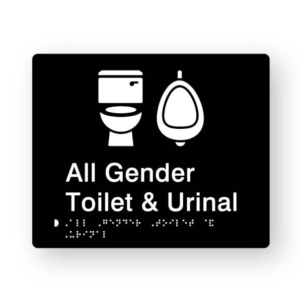 All Gender Toilet & Urinal Braille Sign in Tactile Printed Black Acrylic All Gender Toilet & Urinal Braille Sign in Tactile Printed Black Acrylic. Black Sign panel with a white Toilet Symbol. White text reads All Gender Toilet & Urinal. White Braille Text is shown