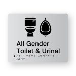All Gender Toilet & Urinal Braille Sign in Tactile Printed Silver Acrylic. Silver Sign panel with Black Toilet & Urinal Symbol. Black text reads All Gender Toilet & Urinal, Black Braille text is shown