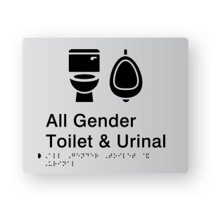 All Gender Toilet & Urinal Braille Sign in Tactile Printed Silver Acrylic. Silver Sign panel with Black Toilet & Urinal Symbol. Black text reads All Gender Toilet & Urinal, Black Braille text is shown