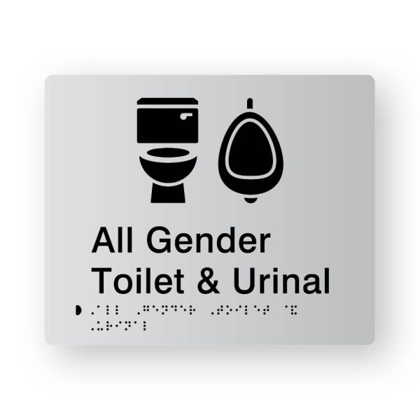 All Gender Toilet & Urinal Braille Sign in Tactile Printed Silver Acrylic All Gender Toilet & Urinal Braille Sign in Tactile Printed Silver Acrylic. Silver Sign panel with Black Toilet & Urinal Symbol. Black text reads All Gender Toilet & Urinal, Black Braille text is shown