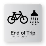 End of Trip Braille Sign in Silver tactile Printed Acrylic. Silver Sign panel with Black Bike & Shower Symbol. Black Text reads End of Trip. Black Braille text is shown