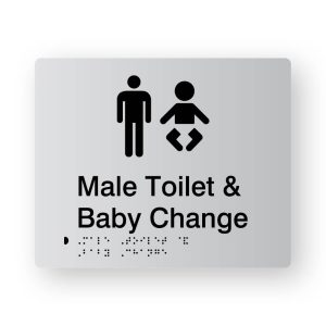Male Toilet & Baby change Braille Sign in Tactile Printed Silver Acrylic. Silver Sign panel with Black Male & Baby Symbol. Black text reads Male Toilet & Baby Change, Black Braille text is shown