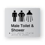 Male Toilet, Ambulant Toilet & Shower Braille Sign in Tactile Printed Silver Acrylic. Silver Sign panel with Black Male, Male Ambulant & Shower Symbol. Black text reads Male Toilet & Shower, Black Braille text is shown