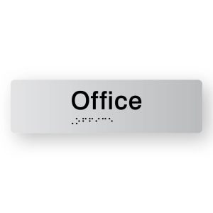 Office Braille Sign in Tactile printed Silver Acrylic. Silver Sign panel with Black Text that reads Office. Black Braille is shown