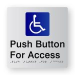 Press Button for Assistance Braille Sign, Tactile printed in Silver Acrylic. Silver Sign panel with Blue & White Accessible Symbol. Black Text reads Press Button for Assistance. Black Braille text is shown.