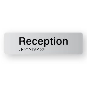 Reception Braille Sign in Tactile printed Silver Acrylic. Silver Sign panel with Black Text that reads Reception. Black Braille is shown