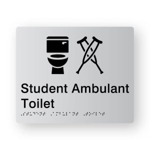 Student Ambulant Toilet Braille Sign in Tactile Printed Silver Acrylic. Silver Sign panel with Black Toilet & Ambulant Symbols. Black text reads Student Ambulant Toilet. Black Braille text is shown