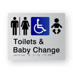 Airlock Toilets & baby change Braille Sign, Tactile printed in Silver Acrylic. Silver Sign panel with Black Male, Airlock & baby Symbol. Blue & White Accessible Symbol. Black Text reads Toilets & baby Change. Black Braille text is shown.